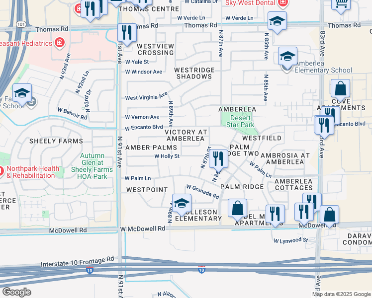map of restaurants, bars, coffee shops, grocery stores, and more near 8829 West Monte Vista Road in Phoenix
