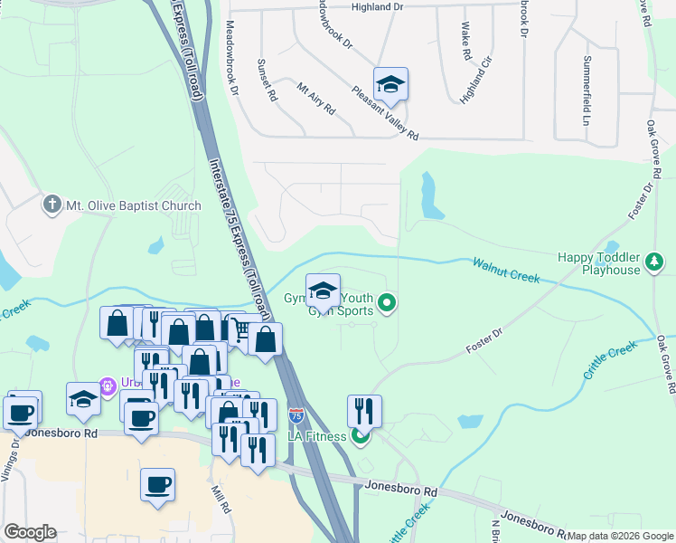 map of restaurants, bars, coffee shops, grocery stores, and more near 237 Janney Circle in McDonough