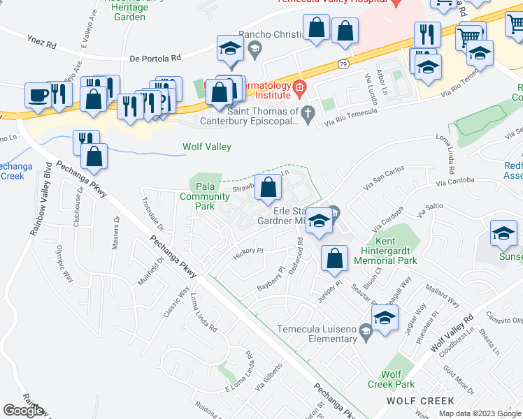 map of restaurants, bars, coffee shops, grocery stores, and more near 31176 Lavender Court in Temecula