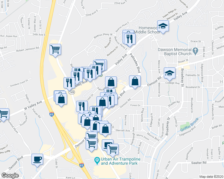 map of restaurants, bars, coffee shops, grocery stores, and more near 488 Palisades Boulevard in Birmingham