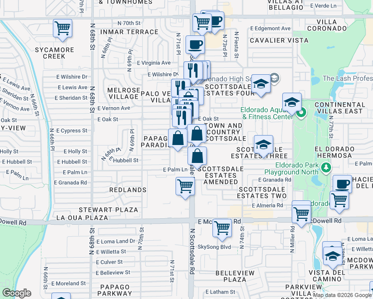 map of restaurants, bars, coffee shops, grocery stores, and more near 2040 North Scottsdale Road in Scottsdale