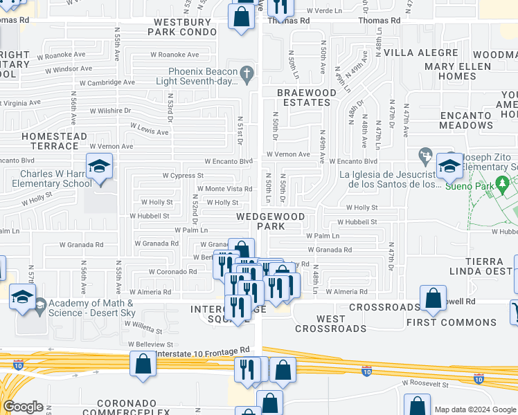 map of restaurants, bars, coffee shops, grocery stores, and more near North 51st Avenue in Phoenix
