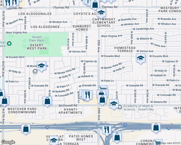 map of restaurants, bars, coffee shops, grocery stores, and more near 5931 West Holly Street in Phoenix