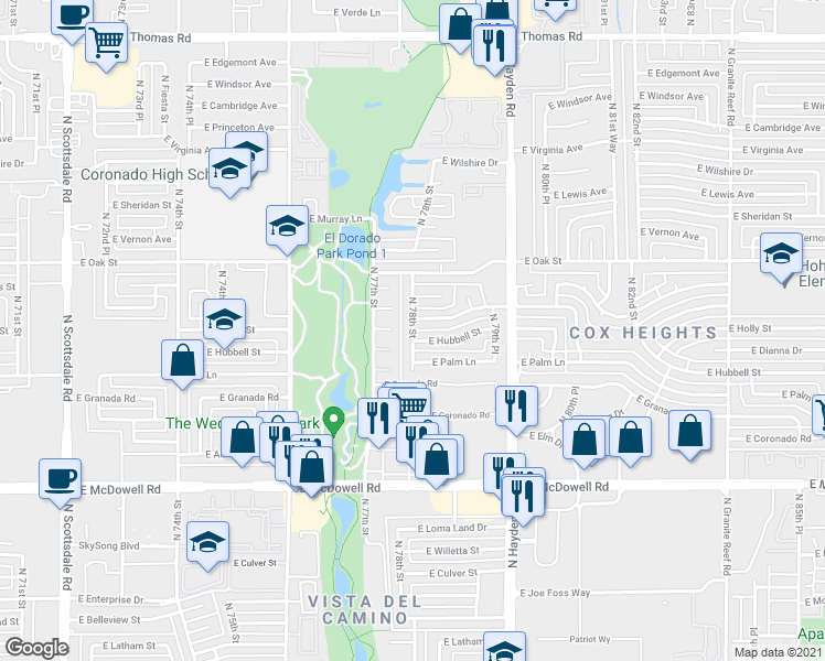 map of restaurants, bars, coffee shops, grocery stores, and more near 2121 North 78th Street in Scottsdale