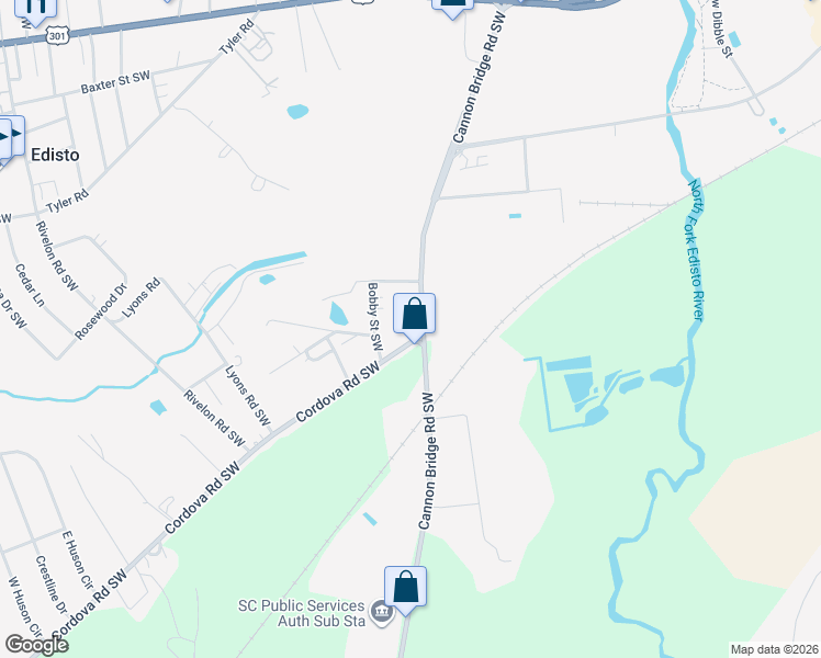map of restaurants, bars, coffee shops, grocery stores, and more near 1 Cordova Road Southwest in Orangeburg
