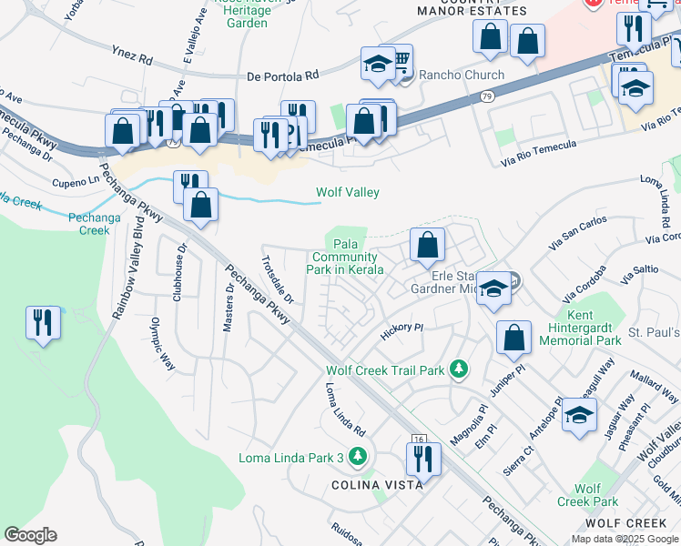 map of restaurants, bars, coffee shops, grocery stores, and more near 31216 Calle Cirros in Temecula