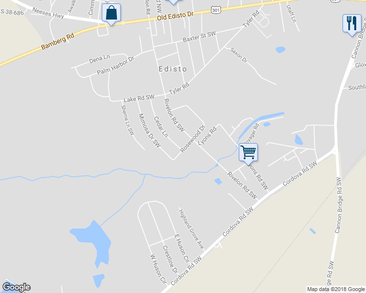 map of restaurants, bars, coffee shops, grocery stores, and more near 529 Cedar Lane in Orangeburg
