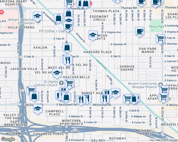 map of restaurants, bars, coffee shops, grocery stores, and more near 2113 North 25th Place in Phoenix