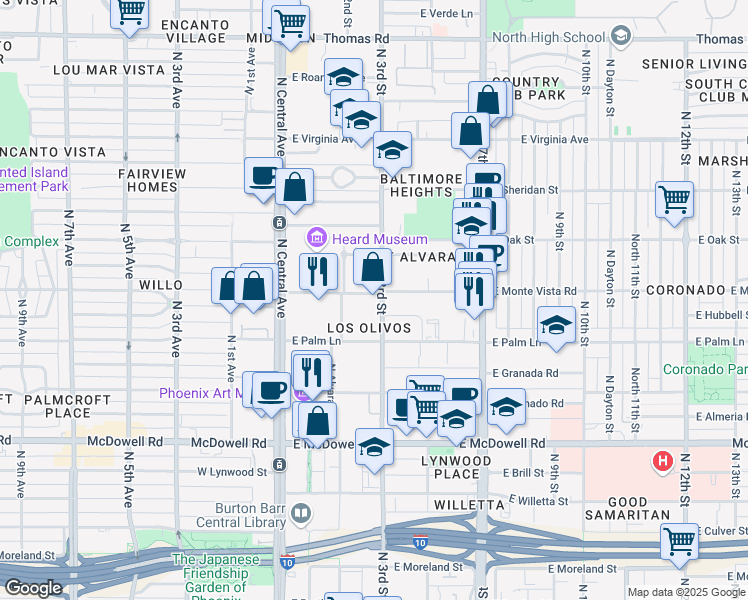 map of restaurants, bars, coffee shops, grocery stores, and more near 2034 North 3rd Street in Phoenix
