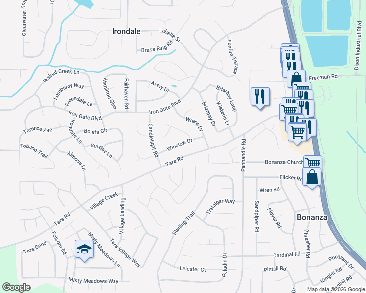 map of restaurants, bars, coffee shops, grocery stores, and more near 1337 Winslow Drive in Jonesboro