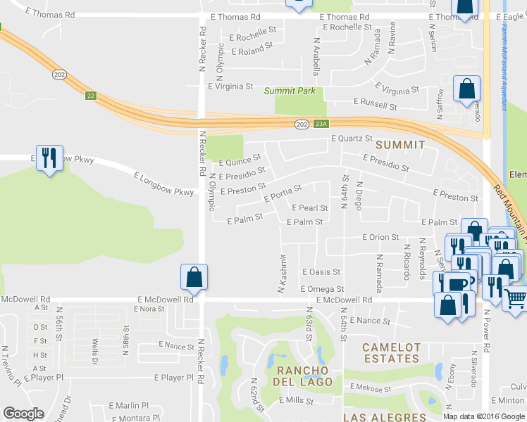 map of restaurants, bars, coffee shops, grocery stores, and more near 6154 E Palm St in Mesa