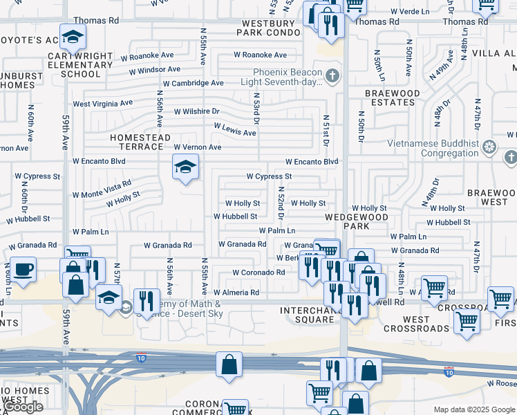 map of restaurants, bars, coffee shops, grocery stores, and more near 5311 West Holly Street in Phoenix