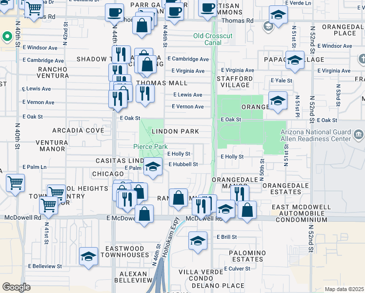 map of restaurants, bars, coffee shops, grocery stores, and more near 4637 East Monte Vista Road in Phoenix