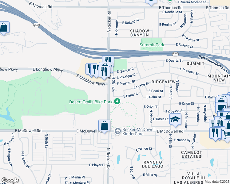 map of restaurants, bars, coffee shops, grocery stores, and more near 6031 East Portia Circle in Mesa