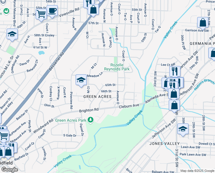 map of restaurants, bars, coffee shops, grocery stores, and more near 1429 65th Street West in Birmingham