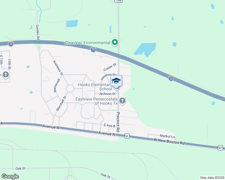 map of restaurants, bars, coffee shops, grocery stores, and more near 401 Precinct Road in Hooks