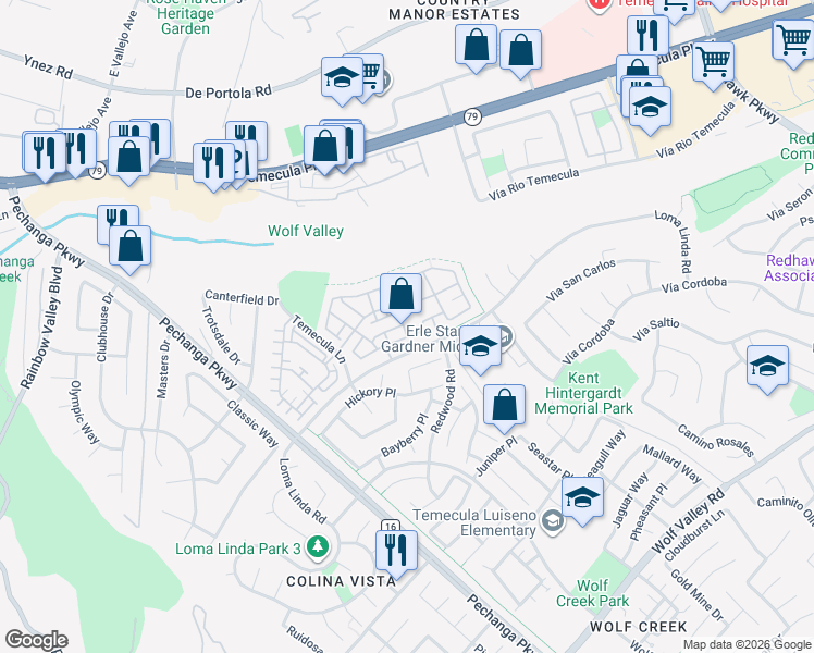 map of restaurants, bars, coffee shops, grocery stores, and more near 31180 Lavender Court in Temecula