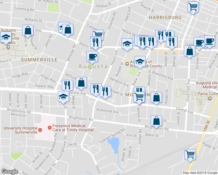 map of restaurants, bars, coffee shops, grocery stores, and more near 1061 Russell Street in Augusta