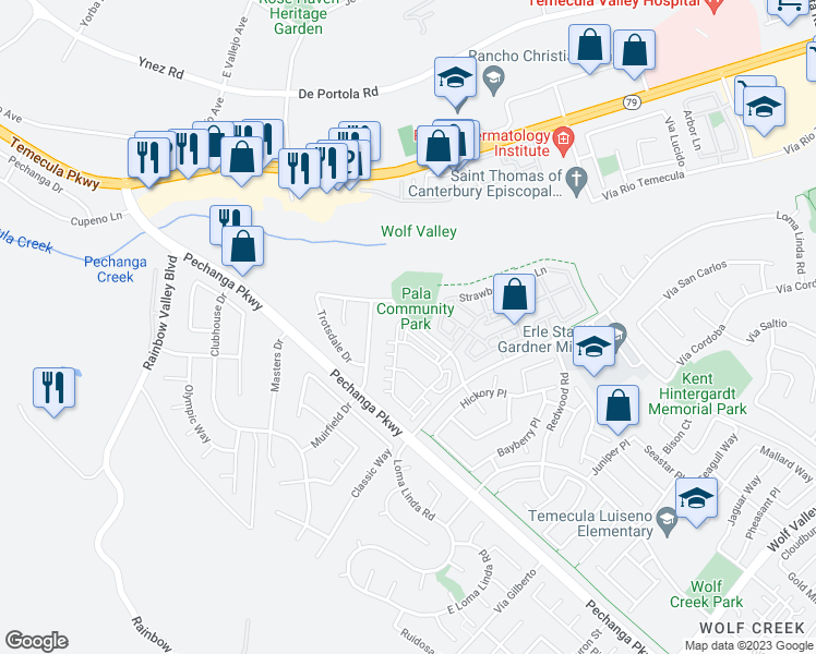map of restaurants, bars, coffee shops, grocery stores, and more near 31312 Calle Cirros in Temecula