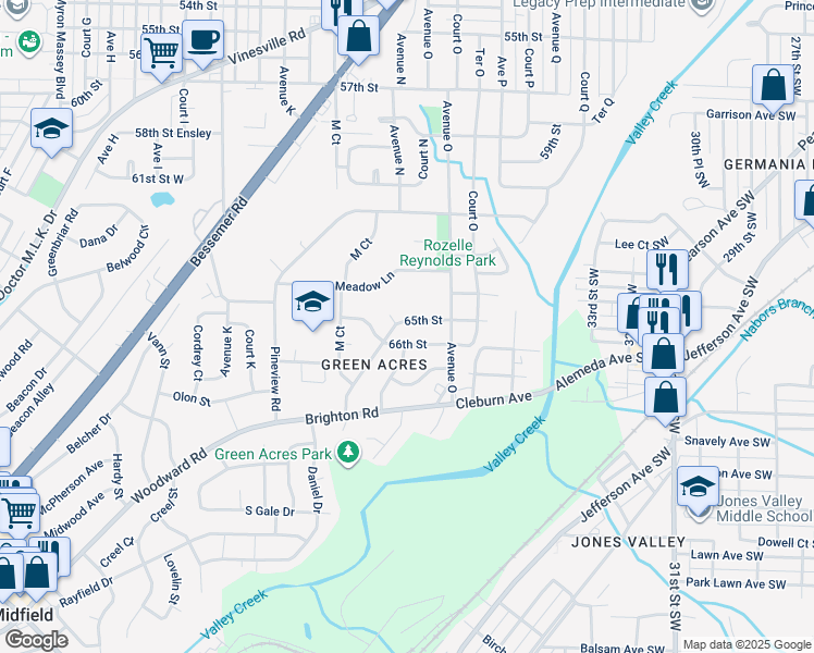 map of restaurants, bars, coffee shops, grocery stores, and more near 1425 65th Street West in Birmingham