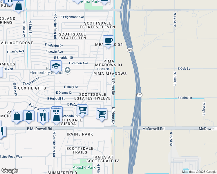 map of restaurants, bars, coffee shops, grocery stores, and more near 2037 North 87th Way in Scottsdale