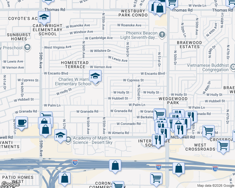 map of restaurants, bars, coffee shops, grocery stores, and more near 5407 W Holly St in Phoenix