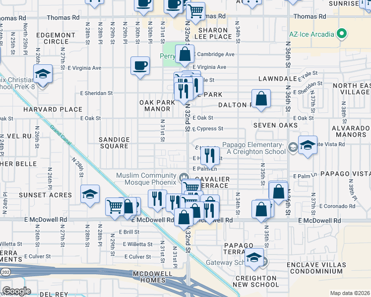 map of restaurants, bars, coffee shops, grocery stores, and more near 3207 East Holly Street in Phoenix