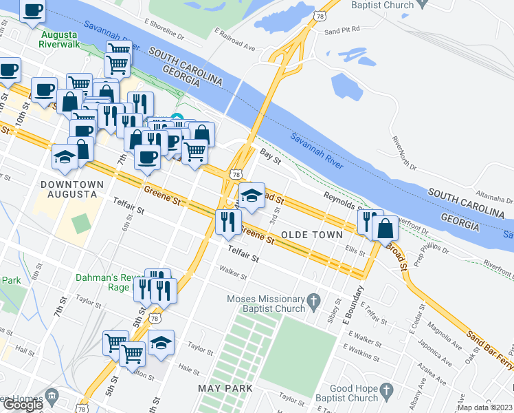 map of restaurants, bars, coffee shops, grocery stores, and more near 321 Ellis Street in Augusta