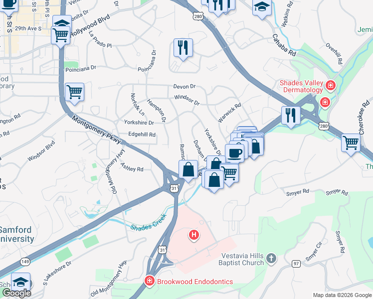 map of restaurants, bars, coffee shops, grocery stores, and more near 647 Rumson Road in Birmingham