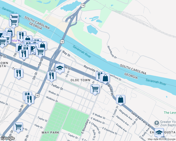 map of restaurants, bars, coffee shops, grocery stores, and more near 102 2nd Street in Augusta