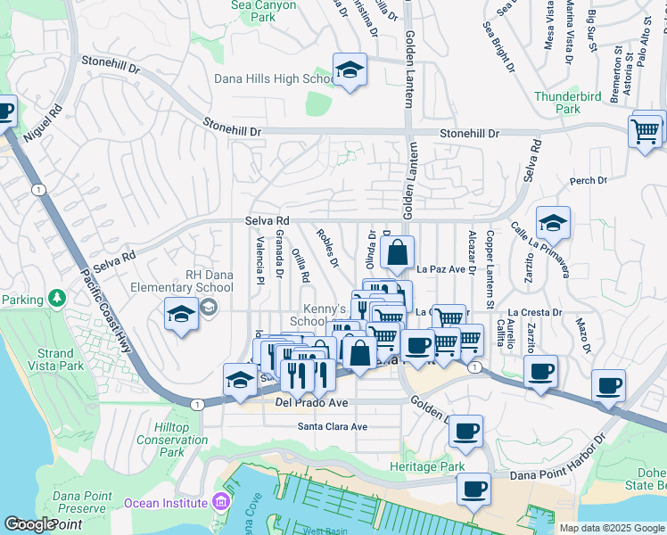 map of restaurants, bars, coffee shops, grocery stores, and more near 33863 Robles Drive in Dana Point