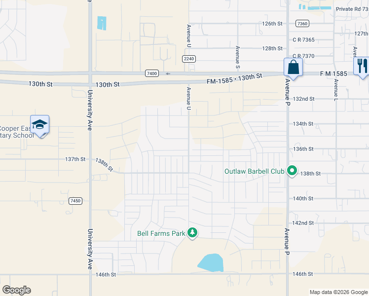 map of restaurants, bars, coffee shops, grocery stores, and more near 2104 136th Street in Lubbock