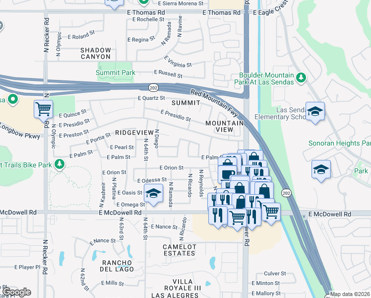 map of restaurants, bars, coffee shops, grocery stores, and more near 3056 North Saffron in Mesa