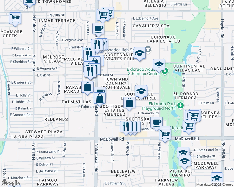 map of restaurants, bars, coffee shops, grocery stores, and more near 7301 East Monte Vista Road in Scottsdale
