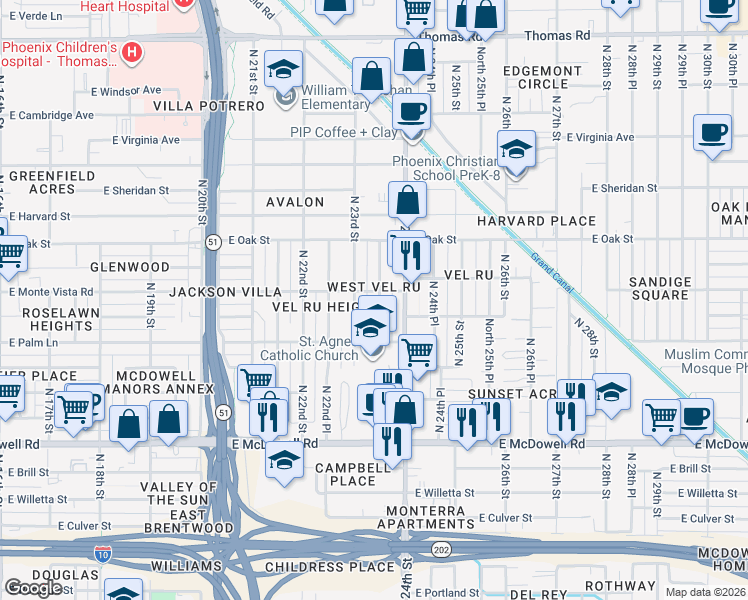 map of restaurants, bars, coffee shops, grocery stores, and more near 2045 North 23rd Street in Phoenix