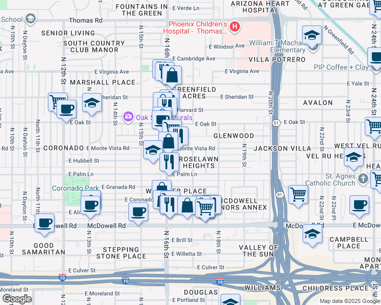map of restaurants, bars, coffee shops, grocery stores, and more near 2048 North 17th Street in Phoenix