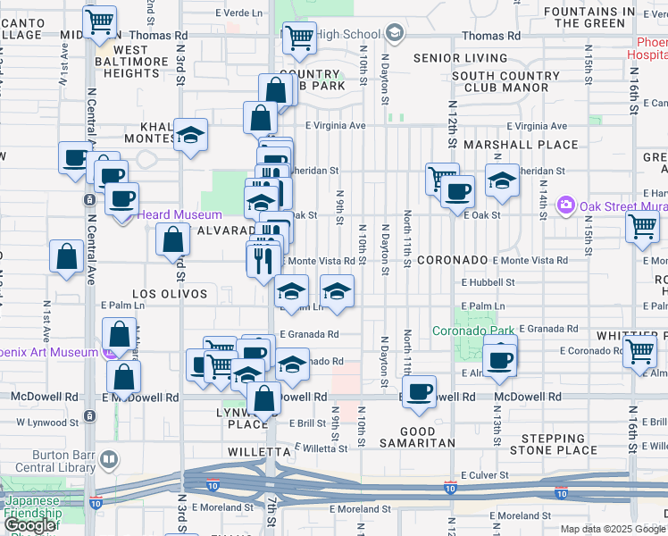 map of restaurants, bars, coffee shops, grocery stores, and more near 2046 North 9th Street in Phoenix