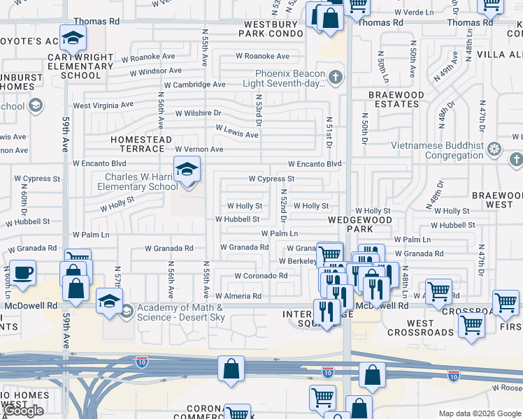 map of restaurants, bars, coffee shops, grocery stores, and more near 5311 West Holly Street in Phoenix