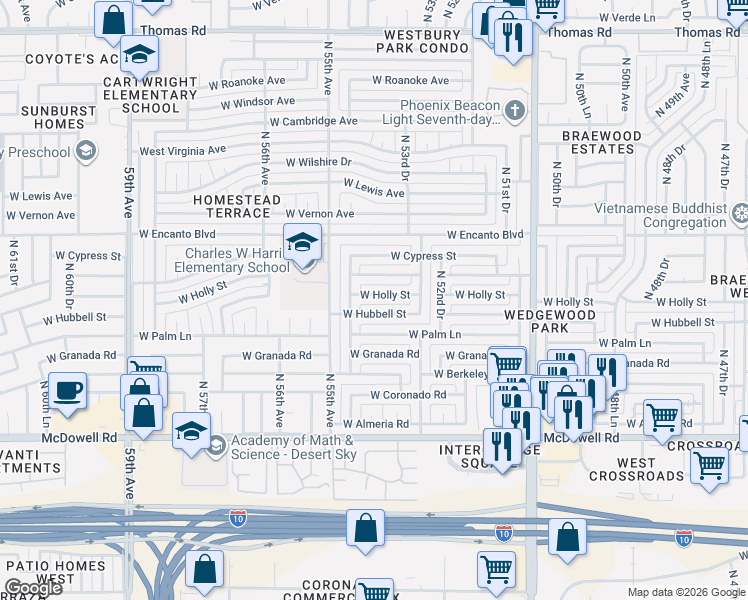 map of restaurants, bars, coffee shops, grocery stores, and more near 5407 West Holly Street in Phoenix