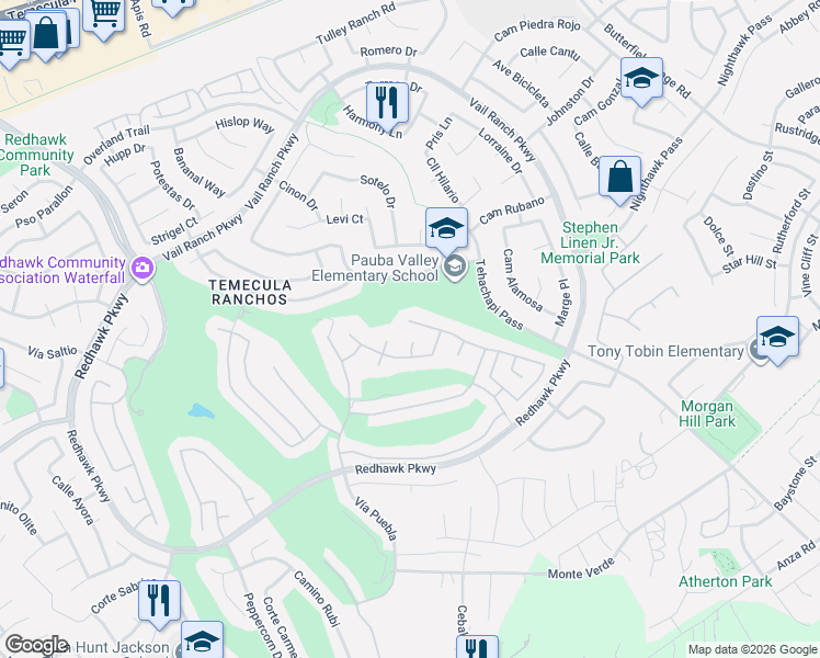 map of restaurants, bars, coffee shops, grocery stores, and more near 33137 Yucca Street in Temecula