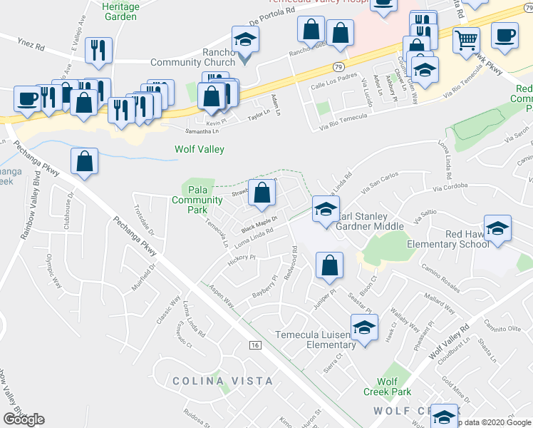 map of restaurants, bars, coffee shops, grocery stores, and more near 31182 Lavender Court in Temecula