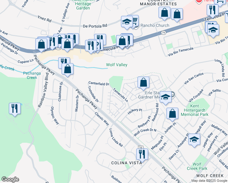map of restaurants, bars, coffee shops, grocery stores, and more near 45037 Via Vela in Temecula