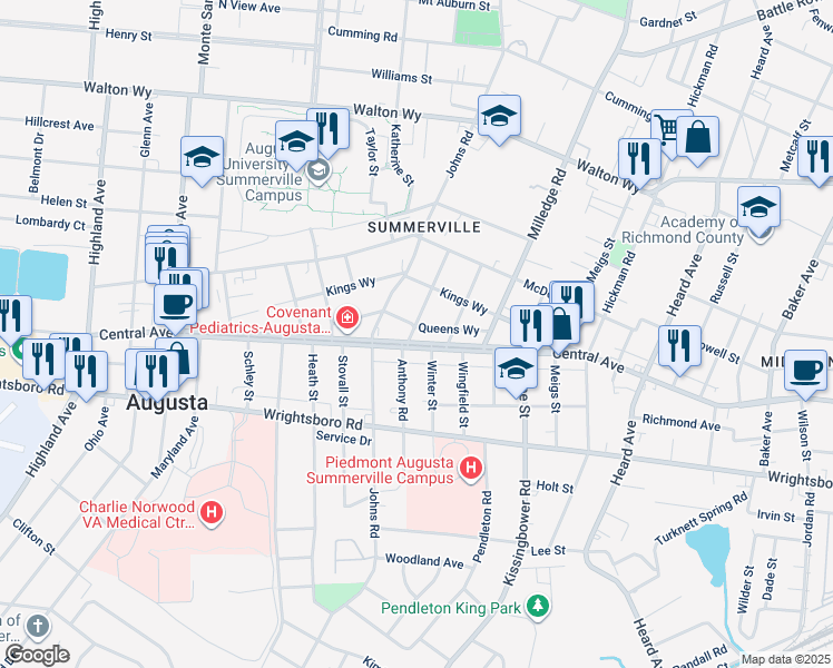 map of restaurants, bars, coffee shops, grocery stores, and more near 1214 Anthony Road in Augusta