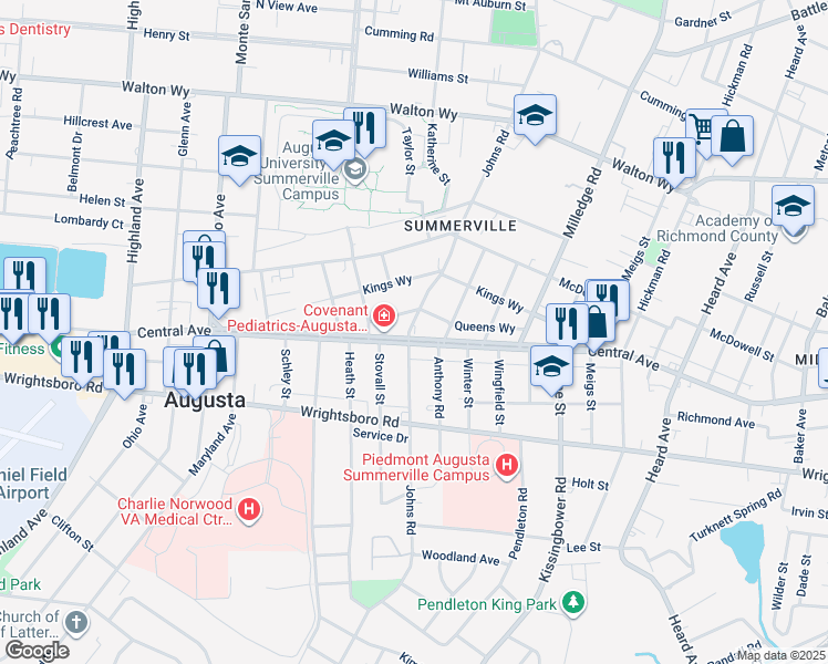 map of restaurants, bars, coffee shops, grocery stores, and more near 2267 Central Avenue in Augusta