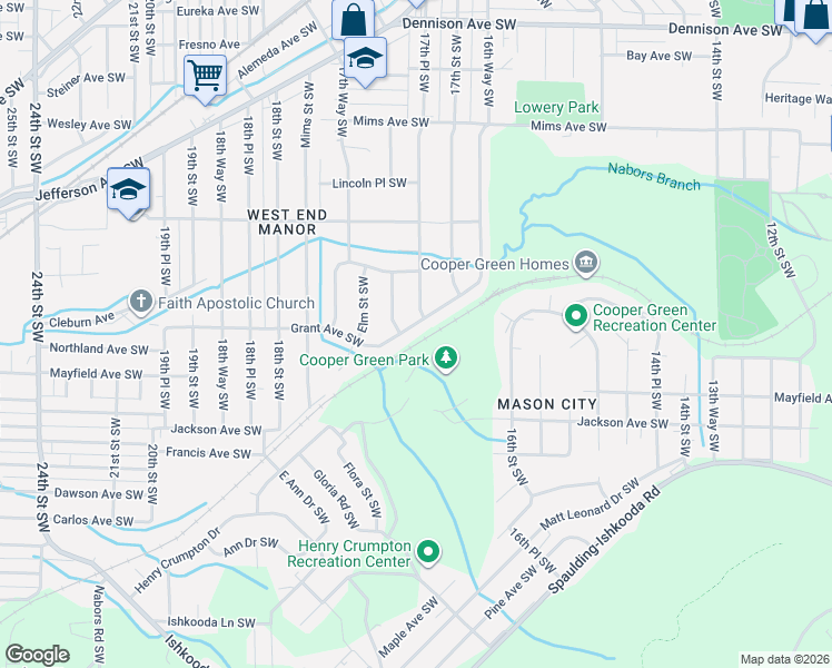 map of restaurants, bars, coffee shops, grocery stores, and more near 1725 Grant Avenue Southwest in Birmingham