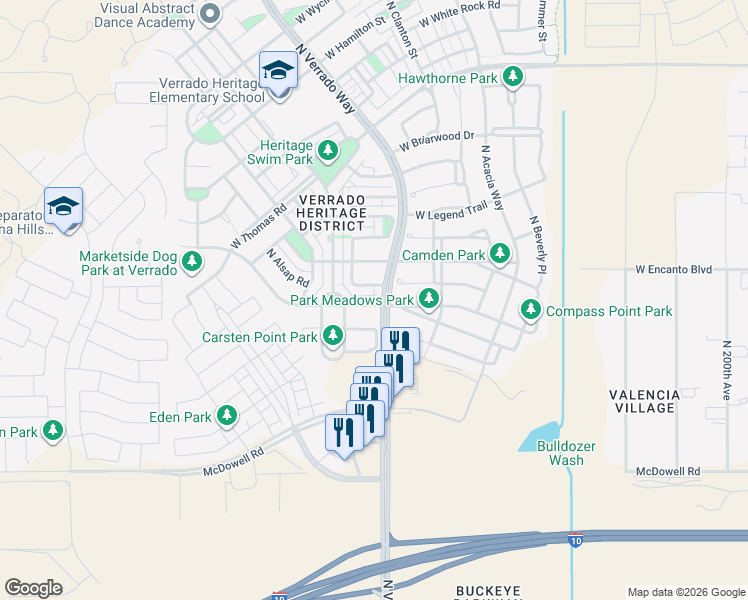 map of restaurants, bars, coffee shops, grocery stores, and more near 20712 West Park Meadows Drive in Buckeye