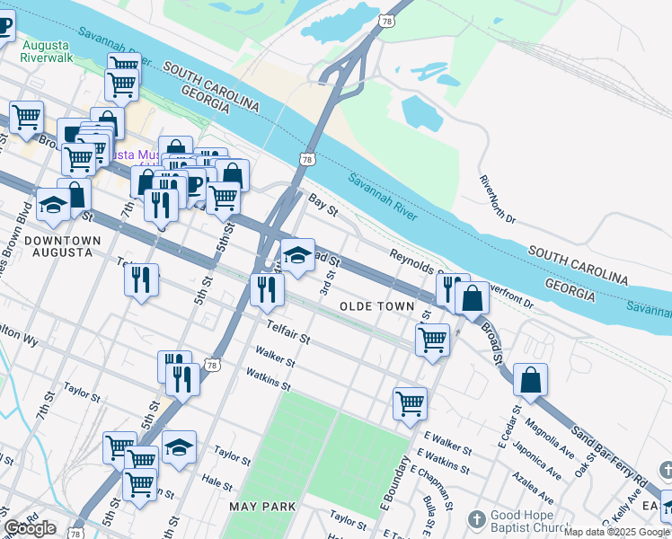 map of restaurants, bars, coffee shops, grocery stores, and more near 204 3rd Street in Augusta