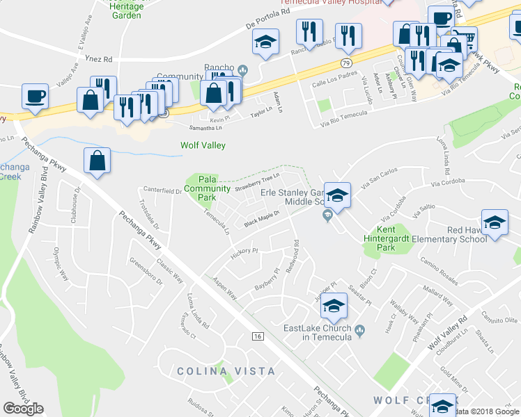 map of restaurants, bars, coffee shops, grocery stores, and more near 31182 Lavender Court in Temecula