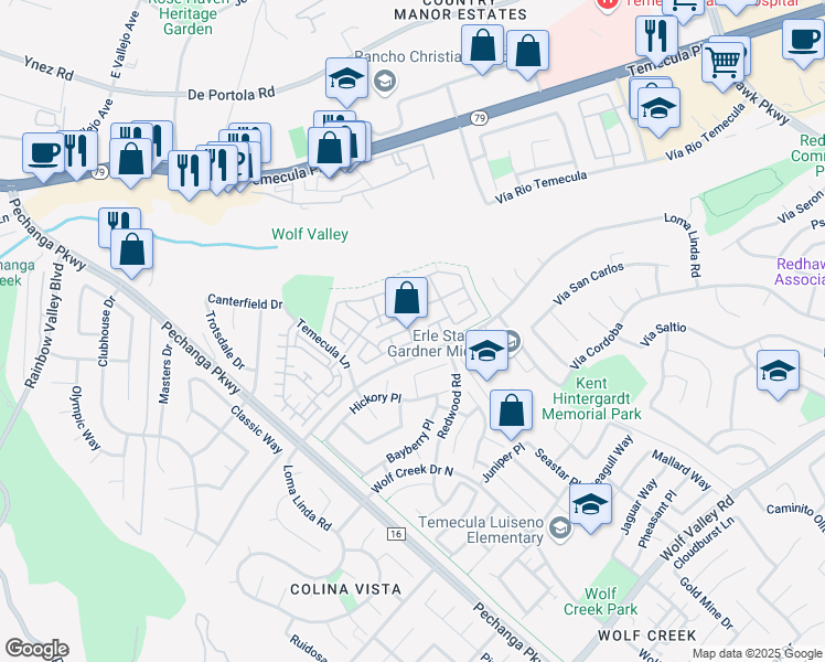 map of restaurants, bars, coffee shops, grocery stores, and more near 44978 Bellflower Lane in Temecula