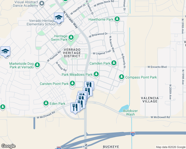 map of restaurants, bars, coffee shops, grocery stores, and more near 20636 West Park Meadows Drive in Buckeye